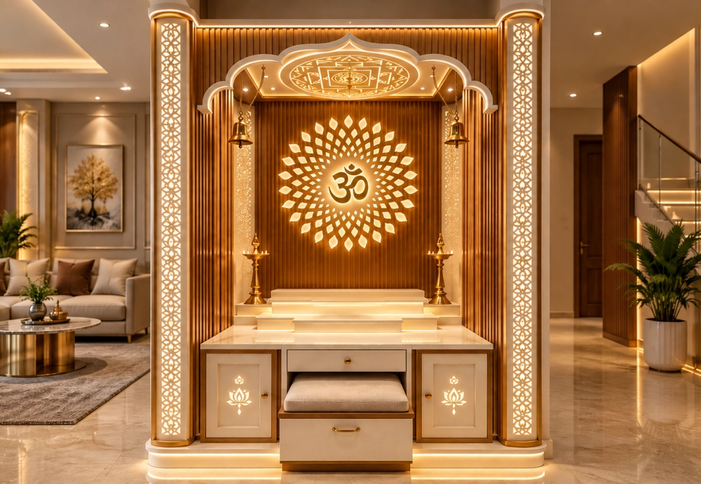 Wooden pooja mandir with CNC-cut jaali panel and backlit back wall